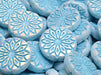 Origami Flower Beads 18 mm, White Alabaster Full AB with Blue Decor, Czech Glass