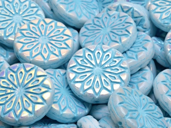 Origami Flower Beads 18 mm, White Alabaster Full AB with Blue Decor, Czech Glass