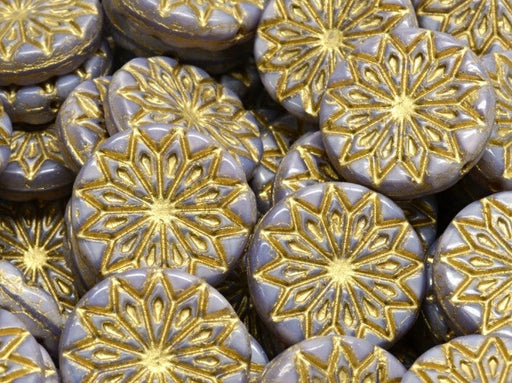Origami Flower Beads 18 mm, Silk Purple with Gold Decor, Czech Glass