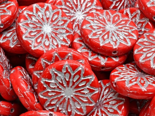 Origami Flower Beads 18 mm, Opaque Red Coral with Silver Decor, Czech Glass