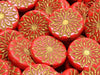 Origami Flower Beads 18 mm, Opaque Red Coral with Gold Decor, Czech Glass