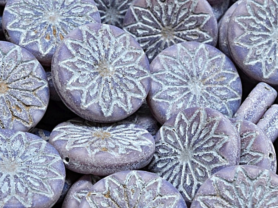 Origami Flower Beads 18 mm, Purple Opal Matte Silver Patina Decor, Czech Glass