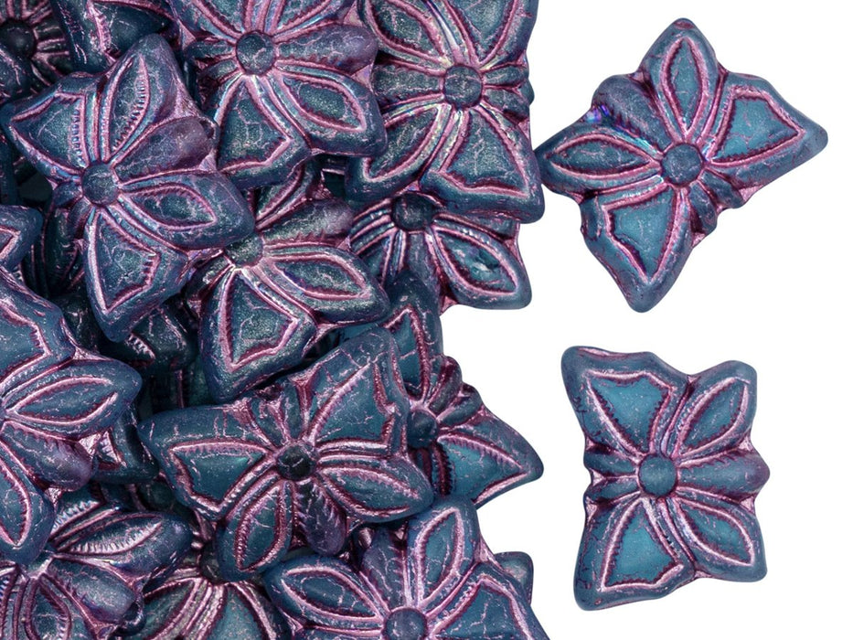 Butterfly Beads 15x12 mm, Aquamarine AB Matte with Purple Decor, Czech Glass
