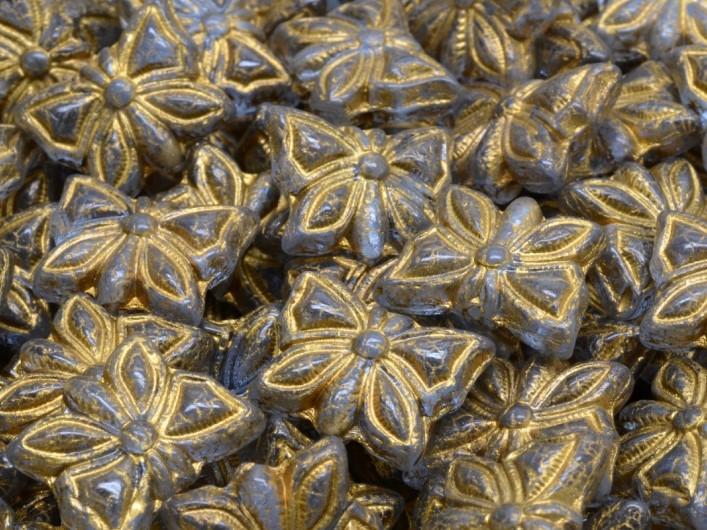 Butterfly Beads 15x12 mm, Alexandrite with Gold Decor, Czech Glass
