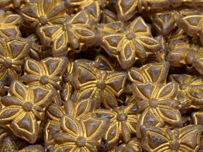 Butterfly Beads 15x12 mm, Rosaline with Gold Decor, Czech Glass