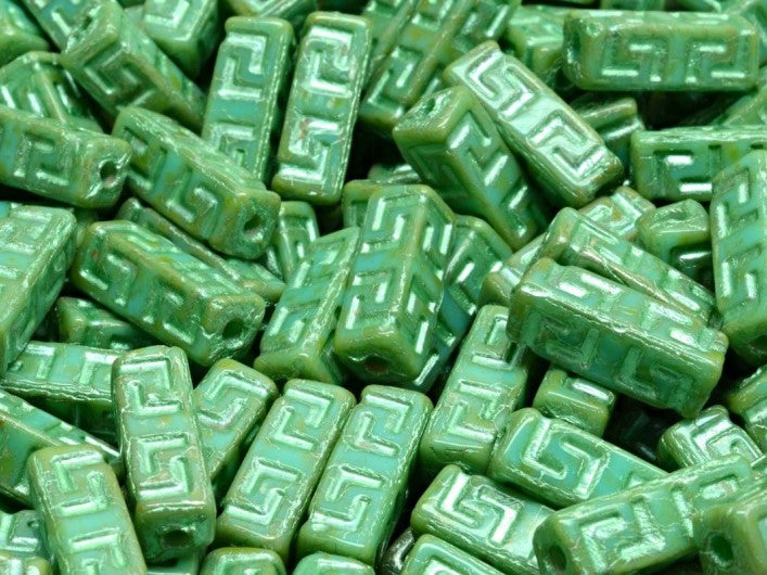Celtic Block Beads 15x5 mm, Turquoise Green Picasso with Green Decor, Czech Glass