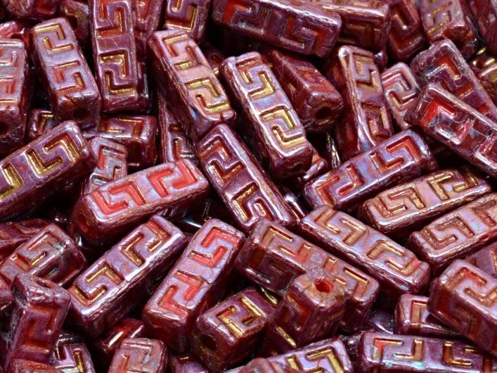 Celtic Block Beads 15x5 mm, Opaque Coral Red Iris Luster, Czech Glass