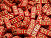Celtic Block Beads 15x5 mm, Opaque Coral Red with Gold Decor, Czech Glass