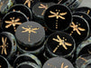 Dragonfly Coin Beads 17 mm, Jet Black Travertine with Gold Decor, Czech Glass