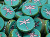 Dragonfly Coin Beads 17 mm, Opaque Turquoise Green Travertine with Fuchsia Decor, Czech Glass