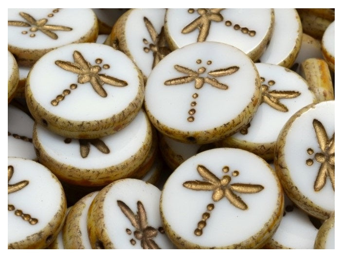 Dragonfly Coin Beads 17 mm, Alabaster Travertine with Gold Decor, Czech Glass