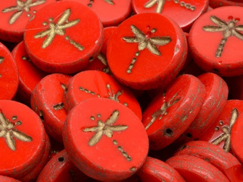 Dragonfly Coin Beads 17 mm, Opaque Coral Red with Gold Decor, Czech Glass