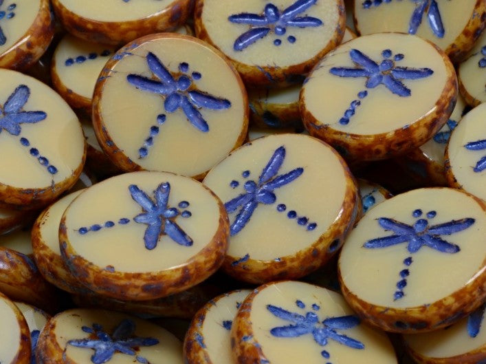 Dragonfly Coin Beads 17 mm, Opaque Beige Travertine with Tanzanite Decor, Czech Glass