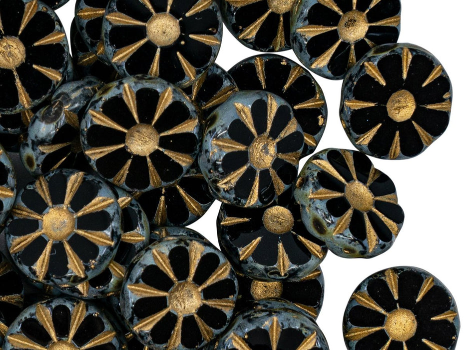 Sunflower Beads 12x12 mm, Black Matte With Golden Lines, Czech Glass