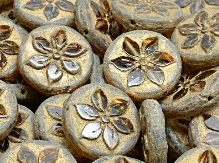 Coin Flower Beads 18 mm, Crystal Travertine with Gold Decor, Czech Glass