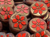 Coin Flower Beads 18 mm, Opaque Coral Red Bronze Luster, Czech Glass
