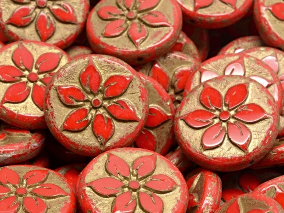 Coin Flower Beads 18 mm, Opaque Coral Red Gold Patina, Czech Glass
