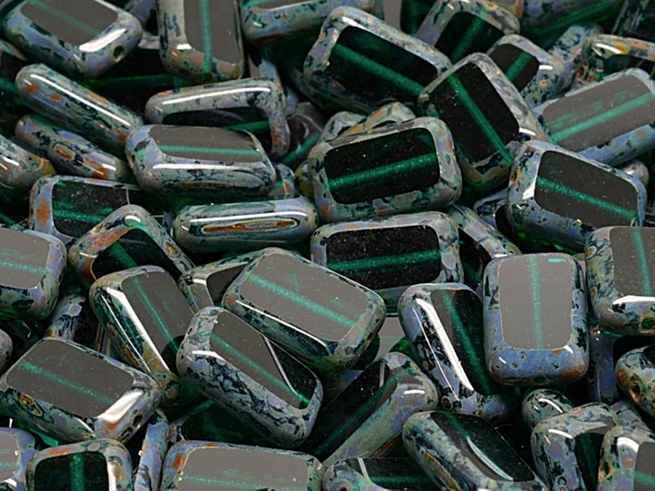 Table Cut Rectangle Beads 12x8 mm, Emerald Travertine, Czech Glass