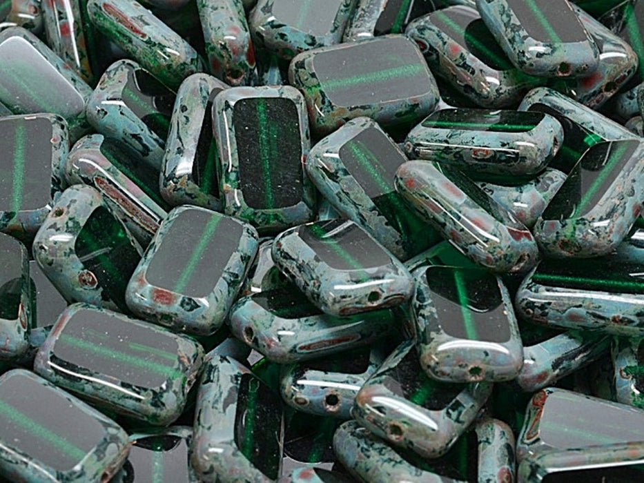 Table Cut Rectangle Beads 12x8 mm, Emerald Medium Travertine, Czech Glass