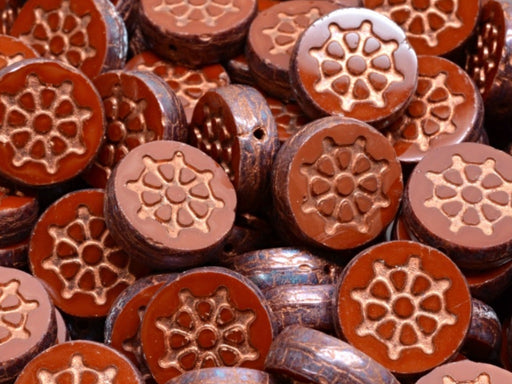 Wheel Coin Beads 12 mm, Chocolate Nebula Luster with Copper Decor, Czech Glass