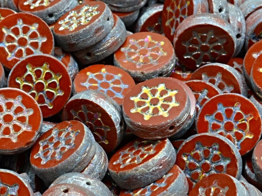 Wheel Coin Beads 12 mm, Chocolate Matte Decorated Full Marea, Czech Glass