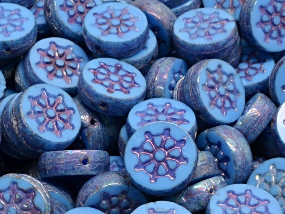 Wheel Coin Beads 12 mm, Opaque Blue Nebula Luster, Czech Glass
