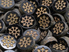 Wheel Coin Beads 12 mm, Jet Black Matte Travertine with Gold Decor, Czech Glass