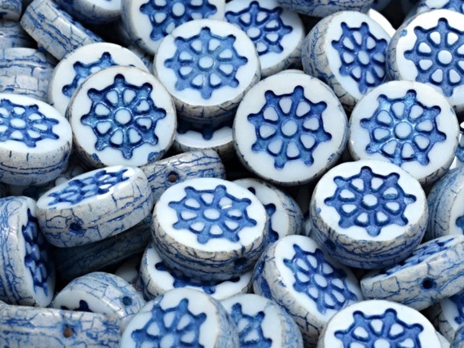 Wheel Coin Beads 12 mm, White Alabaster Blue Luster with Dark Blue Decor, Czech Glass
