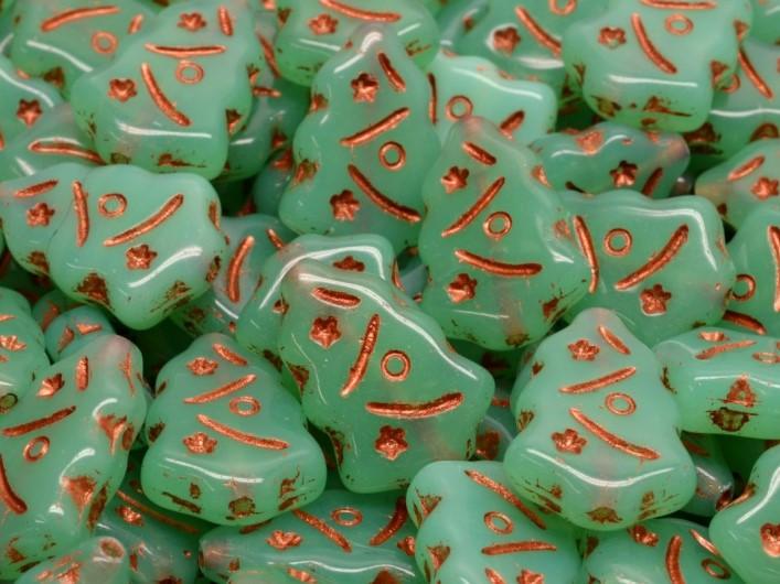 Christmas Tree Beads 17x12 mm, Milky Green Turquoise with Copper Decor, Czech Glass