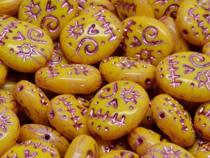 Voodoo Funny Face Beads 16x13 mm, Opaque Yellow with Fuchsia Decor, Czech Glass