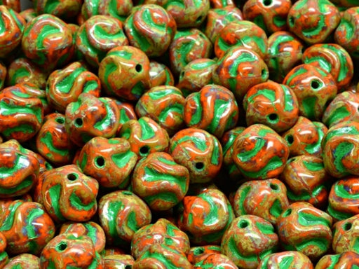Yarn Ball Beads 8 mm, Opaque Orange Travertine with Green Decor, Czech Glass