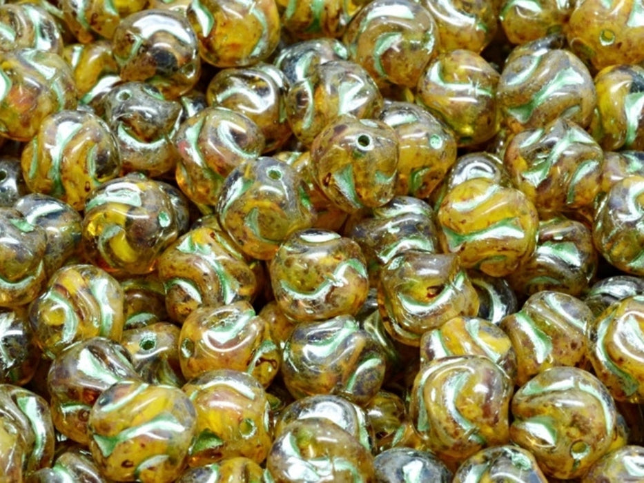 Yarn Ball Beads 8 mm, Opal Yellow Travertine with Green Decor, Czech Glass