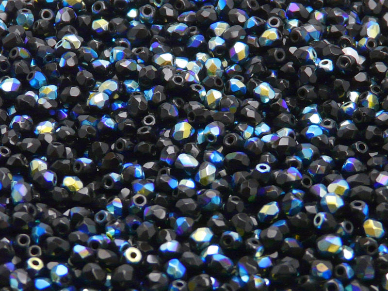7200 pcs Fire Polished Faceted Beads Round, 3mm, Jet Black AB, Czech Glass
